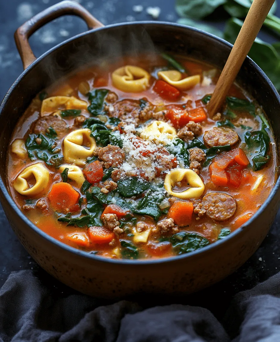 When the chill of winter settles in, there's nothing quite like a warm bowl of soup to bring comfort and satisfaction. <strong></noscript>Comforting Sausage Tortellini Soup</strong> is the perfect antidote to cold weather blues, combining hearty ingredients with robust flavors that warm both the body and soul. This dish embodies the essence of comfort food, not only because it warms you up but also because it envelops you in a sense of home, reminiscent of family gatherings and cozy nights in.” /></p>
</p>
<h3>Cooking the Tortellini: Ensuring Perfect Doneness</h3>
</p>
<p>To achieve the perfect texture in your sausage tortellini soup, it is essential to cook the tortellini correctly. Fresh tortellini typically requires about 3-5 minutes of cooking time, while dried tortellini may take 8-10 minutes. Always refer to the package instructions for specific guidance, as cooking times can vary between brands.</p>
</p>
<p>1. <strong>Boil Water</strong>: In a separate large pot, bring a salted pot of water to a rolling boil. The salt not only enhances flavor but also helps the pasta maintain its firmness.</p>
</p>
<p>2. <strong>Add Tortellini</strong>: Once the water is boiling, gently add the tortellini. Stir immediately to prevent them from sticking together.</p>
</p>
<p>3. <strong>Monitor Cooking Time</strong>: Set a timer based on the type of tortellini you are using. Stir occasionally and taste a piece around the minimum cooking time to check for doneness. The tortellini should be tender but still have a slight bite (al dente).</p>
</p>
<p>4. <strong>Drain and Rinse</strong>: Once cooked, drain the tortellini in a colander. Rinsing them briefly under cold water can stop the cooking process and prevent them from clumping.</p>
</p>
<p>5. <strong>Combine with Soup</strong>: Add the cooked tortellini directly to your simmering soup, allowing it to absorb some of the broth’s flavors for an additional minute before serving.</p>
</p>
<h3>Finishing Touches: Seasoning and Serving Suggestions</h3>
</p>
<p>With the tortellini perfectly cooked, it’s time to finalize your soup with essential seasonings and garnishes.</p>
</p>
<p>1. <strong>Taste and Adjust Seasoning</strong>: Before serving, taste your soup and adjust the seasoning as needed. A pinch of salt or a dash of freshly cracked black pepper can elevate the flavors. For a little heat, consider adding red pepper flakes.</p>
</p>
<p>2. <strong>Add Fresh Herbs</strong>: Finish the soup with a sprinkle of freshly chopped parsley or basil for a burst of color and freshness. These herbs not only enhance the visual appeal but also contribute vibrant flavors.</p>
</p>
<p>3. <strong>Serve Hot</strong>: Ladle the soup into bowls, ensuring each serving has a good amount of sausage, tortellini, and vegetables.</p>
</p>
<h3>Nutritional Information of Sausage Tortellini Soup</h3>
</p>
<p>Understanding the nutritional benefits of your ingredients can help you appreciate the wholesome elements of sausage tortellini soup.</p>
</p>
<p>– <strong>Protein Content</strong>: The sausage and tortellini are excellent sources of protein, which is necessary for muscle repair and growth. A typical serving can provide approximately 20-30 grams of protein, depending on the type of sausage used.</p>
</p>
<p>– <strong>Nutrient-Rich Vegetables</strong>: The addition of carrots, celery, and spinach offers a wealth of nutrients. Carrots provide beta-carotene, which is essential for eye health, while spinach is rich in iron and vitamins A and C.</p>
</p>
<p>– <strong>Balancing Comfort and Nutrition</strong>: This soup strikes a balance between comfort and nutrition, making it a satisfying meal that doesn’t compromise health. The combination of protein, veggies, and carbohydrates from the tortellini ensures a well-rounded dish.</p>
</p>
<h3>Tips for Customizing Your Soup</h3>
</p>
<p>One of the beautiful aspects of sausage tortellini soup is its versatility. Here are some suggestions for customizing your recipe:</p>
</p>
<p>– <strong>Ingredient Substitutions</strong>: You can easily switch out the sausage type according to your preference. Chicken or turkey sausage provides a leaner option, while plant-based sausage caters to vegetarian diets.</p>
</p>
<p>– <strong>Seasonal Vegetables</strong>: Feel free to experiment with vegetables based on what’s in season. Zucchini, bell peppers, or even sweet corn can add different flavors and textures to your soup.</p>
</p>
<p>– <strong>Homemade Broth</strong>: For an enhanced depth of flavor, consider using homemade broth. It is often richer and more nutritious than store-bought versions, allowing you to control the salt levels and ingredients.</p>
</p>
<h3>Serving Suggestions and Pairings</h3>
</p>
<p>To elevate your dining experience, consider these serving suggestions and pairings that complement your sausage tortellini soup perfectly:</p>
</p>
<p>– <strong>Bread Options</strong>: A crusty baguette or warm garlic bread makes a delightful side, perfect for dipping into the soup. The bread’s texture contrasts nicely with the soup’s warmth.</p>
</p>
<p>– <strong>Salad Pairings</strong>: A light arugula salad with lemon vinaigrette or a classic Caesar salad can provide a refreshing balance to the hearty soup. The crispness of the salad enhances the overall meal experience.</p>
</p>
<p>– <strong>Beverage Pairings</strong>: For wine lovers, a light white wine like Sauvignon Blanc or a red blend pairs beautifully with the flavors of the soup. For non-alcoholic options, try sparkling water with a slice of lemon or a citrus-infused iced tea.</p>
</p>
<h3>Storing and Reheating Your Soup</h3>
</p>
<p>To make the most out of your sausage tortellini soup, proper storage and reheating practices are essential:</p>
</p>
<p>– <strong>Refrigeration</strong>: Allow the soup to cool completely before transferring it to airtight containers. It can be refrigerated for up to 3-4 days. Ensure you store the tortellini separately if possible, as they can become mushy if left in the soup for too long.</p>
</p>
<p>– <strong>Freezing Tips</strong>: If you want to store the soup for longer, consider freezing it. Use freezer-safe containers and leave some space at the top for expansion. The soup can be frozen for up to 3 months.</p>
</p>
<p>– <strong>Reheating Methods</strong>: To reheat, thaw in the refrigerator overnight if frozen. When ready to eat, heat on the stove over medium heat until warmed through. Stir occasionally to prevent sticking. If the soup seems too thick, add a splash of broth or water to loosen it up.</p>
</p>
<h3>Conclusion: The Comfort of Homemade Soup</h3>
</p>
<p>There’s something inherently comforting about a warm bowl of homemade sausage tortellini soup. It’s a dish that brings people together, whether enjoyed on a chilly evening or served at a family gathering. The joy of preparing and sharing this soup is matched only by the satisfaction it brings when you take that first comforting spoonful.</p>
</p>
<p>This sausage tortellini soup is not only versatile but also suitable for various occasions—from casual weeknight dinners to special gatherings. With the ability to customize ingredients and adapt to seasonal produce, it remains a family favorite that caters to different tastes and dietary preferences.</p>
</p>
<p>So, gather your ingredients, follow the steps, and savor the warmth of this delightful dish. Preparing your own meals can be a rewarding experience, and with each bowl of sausage tortellini soup, you’re not just enjoying a meal; you’re creating memories that will last a lifetime.</p>
<div id=