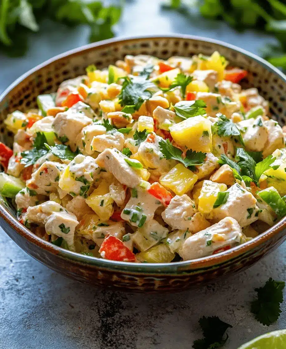 Imagine a dish that captures the essence of a sun-drenched beach day, filled with the vibrant colors and flavors of the tropics. Introducing the <strong></noscript>Tropical Aloha Chicken Salad</strong>, a refreshing and delicious meal that brings together a medley of fresh ingredients. This salad is not just a feast for the eyes but also a healthy choice that celebrates the bounty of nature. With its combination of tender chicken, juicy pineapple, and a variety of crunchy vegetables, this recipe is a delightful way to incorporate fresh and healthy ingredients into your meals.” /></p>
</p>
<h3>Importance of Ingredient Freshness for Optimal Flavor</h3>
</p>
<p>When creating a dish as vibrant and refreshing as Tropical Aloha Chicken Salad, the freshness of your ingredients cannot be overstated. Fresh fruits and vegetables not only enhance the flavor but also contribute essential nutrients that elevate the dish’s health profile. Choosing ripe, seasonal produce like pineapples, avocados, and bell peppers ensures that each bite bursts with flavor and vitality. The crispness of fresh greens and the juiciness of perfectly ripe pineapple will make a significant difference in taste and texture, taking your salad from ordinary to extraordinary.</p>
</p>
<h3>Crafting the Dressing</h3>
</p>
<p>The dressing is the heart of any salad, and in this Tropical Aloha Chicken Salad, it plays a pivotal role in tying all the flavors together. A well-crafted dressing will not only enhance the taste of the salad but also add a creamy texture that complements the crunchy ingredients.</p>
</p>
<h4>Step-by-Step Instructions for Creating the Creamy Dressing</h4>
</p>
<p>1. <strong>Gather Your Ingredients</strong>: You will need the following for the dressing:</p>
<p>– 1/2 cup Greek yogurt (or a plant-based yogurt for a vegan option)</p>
<p>– 2 tablespoons honey (or agave syrup for a vegan alternative)</p>
<p>– 1 tablespoon Dijon mustard</p>
<p>– Juice of 1 lime</p>
<p>– Salt and pepper to taste</p>
</p>
<p>2. <strong>Mix the Base</strong>: In a mixing bowl, combine the Greek yogurt, honey (or agave), and Dijon mustard. Use a whisk to blend these ingredients until smooth and creamy.</p>
</p>
<p>3. <strong>Add the Citrus</strong>: Squeeze the juice of one lime into the mixture. The acidity from the lime not only brightens the dressing but also balances the sweetness from the honey or agave.</p>
</p>
<p>4. <strong>Season to Perfection</strong>: Add a pinch of salt and freshly cracked pepper to taste. Adjust according to your preference; don’t be afraid to taste as you go.</p>
</p>
<p>5. <strong>Chill the Dressing</strong>: For best results, refrigerate the dressing for at least 30 minutes before serving. This allows the flavors to meld beautifully.</p>
</p>
<h4>Options for Vegan Substitutions</h4>
</p>
<p>If you’re interested in making this salad vegan, the dressing can easily accommodate this dietary choice. Simply substitute honey with agave syrup or maple syrup, and use a plant-based yogurt. This not only keeps the dressing creamy but also ensures that everyone can enjoy this delightful salad.</p>
</p>
<h3>Combining the Salad</h3>
</p>
<p>Once the dressing is ready, it’s time to combine all the beautiful ingredients of your Tropical Aloha Chicken Salad.</p>
</p>
<h4>Techniques for Mixing Ingredients</h4>
</p>
<p>1. <strong>Layering for Texture</strong>: Start by placing your salad greens at the bottom of a large mixing bowl. This will serve as the base and help prevent the delicate pineapple pieces from being crushed.</p>
</p>
<p>2. <strong>Gentle Tossing</strong>: Add in the cooked chicken, diced pineapple, red bell pepper, avocado, and red onion. Use a large spoon or salad tongs to gently toss the ingredients together. This method prevents bruising the softer components like pineapple and avocado.</p>
</p>
<p>3. <strong>Add the Dressing</strong>: Drizzle your creamy dressing over the salad. Use a gentle folding motion to combine everything rather than aggressive tossing, which could damage the delicate ingredients.</p>
</p>
<h4>Importance of Tasting and Adjusting Seasoning</h4>
</p>
<p>Before serving, it’s crucial to taste your salad. This gives you the opportunity to adjust the seasoning with more salt, pepper, or lime juice based on your preference. Every individual has a unique palate, and this step ensures that your Tropical Aloha Chicken Salad is tailored to your taste.</p>
</p>
<h3>Suggestions for Presentation and Serving Styles</h3>
</p>
<p>Presentation is key when it comes to serving salads, especially one as colorful and tropical as this. Here are a few serving suggestions:</p>
</p>
<p>– <strong>On a Bed of Greens</strong>: Serve the salad on a generous bed of mixed greens for a wholesome presentation.</p>
<p>– <strong>In Wraps</strong>: For a fun twist, scoop the salad mixture into whole grain wraps for a portable meal option.</p>
<p>– <strong>Lettuce Cups</strong>: Create individual servings by spooning the salad into crisp lettuce cups for a fresh, crunchy bite.</p>
</p>
<h3>Chilling and Serving Suggestions</h3>
</p>
<p>Chilling your salad is essential for optimal flavor development. It allows the dressing to fully coat the ingredients and infuse them with its creamy goodness.</p>
</p>
<h4>Explanation of the Chilling Process</h4>
</p>
<p>Once combined, cover your salad with plastic wrap or transfer it to an airtight container and refrigerate for at least one hour. This chilling period not only enhances the flavor but also provides a refreshing temperature, perfect for warm weather dining.</p>
</p>
<h4>Creative Serving Ideas</h4>
</p>
<p>To elevate your Tropical Aloha Chicken Salad, consider garnishing it with fresh herbs like cilantro or mint. A sprinkle of toasted coconut flakes or chopped nuts can add a delightful crunch.</p>
</p>
<p>Pairing this salad with a refreshing beverage like iced tea, lemonade, or a light white wine can complement the tropical flavors beautifully. For a complete meal experience, serve it alongside grilled vegetables or a side of quinoa salad.</p>
</p>
<h3>Nutritional Information</h3>
</p>
<p>Understanding the nutritional content of your dish is essential, especially when aiming for a balanced diet. Here’s a breakdown of the nutritional content per serving of the Tropical Aloha Chicken Salad:</p>
</p>
<p>– <strong>Calories</strong>: Approximately 350-400 calories</p>
<p>– <strong>Protein</strong>: 25-30 grams (primarily from chicken and yogurt)</p>
<p>– <strong>Carbohydrates</strong>: 30 grams (including fiber from vegetables)</p>
<p>– <strong>Fats</strong>: 15 grams (healthy fats from avocado)</p>
</p>
<p>This salad is rich in protein, vitamins, and healthy fats, making it a satisfying meal option. The combination of lean chicken, fresh produce, and wholesome fats from avocado ensures that you’re not just enjoying a delicious meal, but also fueling your body with nutritious ingredients.</p>
</p>
<h3>Conclusion</h3>
</p>
<p>The Tropical Aloha Chicken Salad is a celebration of fresh ingredients and tropical flavors, making it a delightful addition to any meal. With its vibrant colors, creamy dressing, and nutritious profile, this salad appeals to both the eyes and the palate.</p>
</p>
<p>Cooking with fresh ingredients not only enhances the taste but also allows you to share joy and nourishment with loved ones. So, gather your ingredients, embrace the tropical vibes, and enjoy creating this refreshing salad in your own kitchen. Whether you serve it at a summer gathering or as a light weeknight dinner, this Tropical Aloha Chicken Salad is sure to impress and satisfy. Enjoy the explosion of flavors, and let the taste of the tropics brighten your dining experience!</p>
<div id=