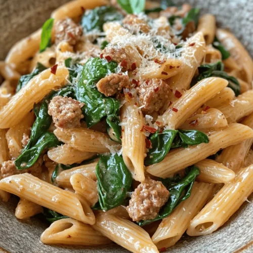 Welcome to a culinary adventure that combines comfort and flavor in a single skillet: Creamy Sausage & Spinach Pasta. This dish is a delightful fusion of tender pasta, savory sausage, and vibrant greens, all enveloped in a luscious, creamy sauce. It’s the kind of meal that not only satisfies the taste buds but also warms the heart, making it a favorite for families and a go-to option for quick weeknight dinners.