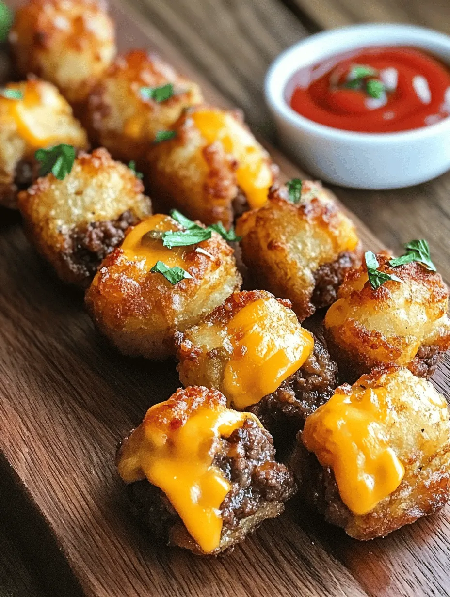 To appreciate the Cheeseburger Tater Tot Bites, it’s essential to understand the origins of tater tots themselves. Tater tots were invented in the 1950s by the founders of Ore-Ida, a company based in Oregon that specialized in frozen potato products. The story goes that when the company was looking for a way to utilize leftover potato scraps, they decided to grate and fry the potatoes, resulting in the crispy, bite-sized morsels we now know and love. Tater tots quickly became a staple in American households, celebrated for their versatility as both a side dish and a snack.
