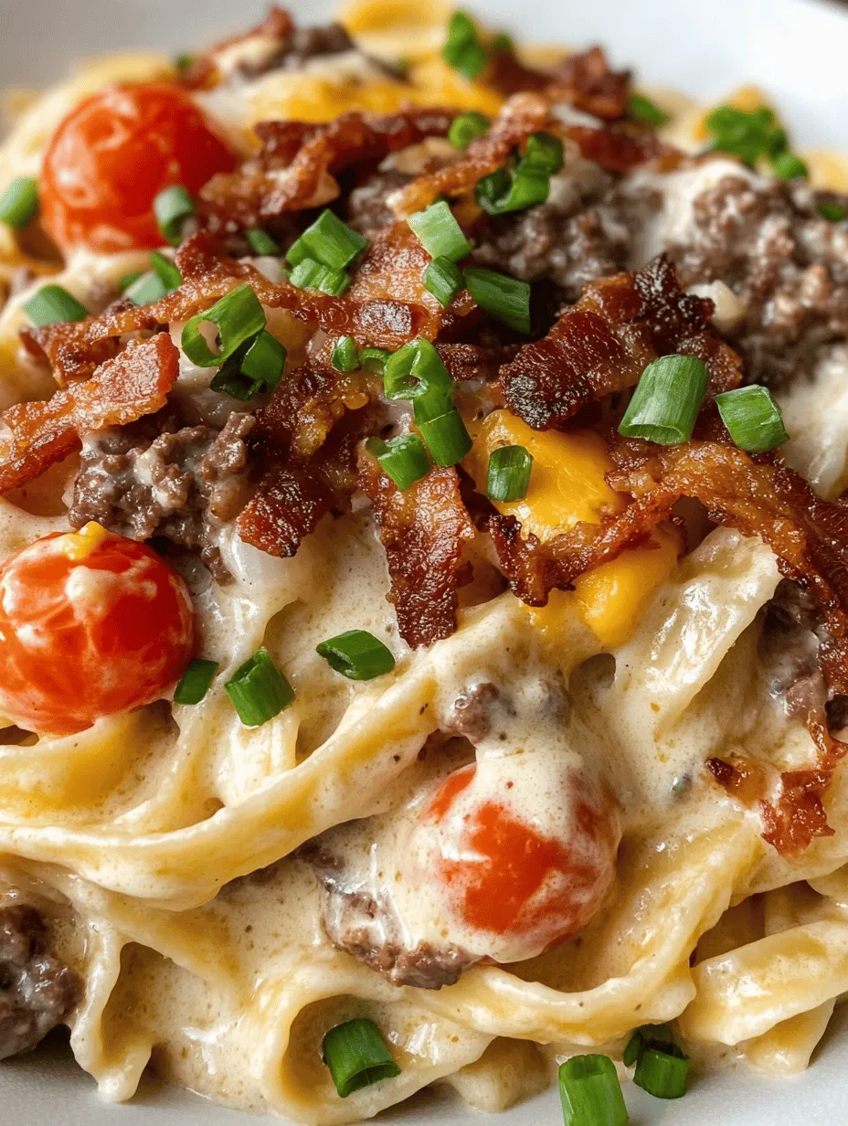 In the world of comfort food, few dishes can compete with the rich, creamy allure of pasta combined with the savory flavors of a cheeseburger. The Indulgent Loaded Bacon Cheeseburger Alfredo Pasta blends these two culinary favorites into one satisfying meal that is both hearty and indulgent. This recipe is perfect for gatherings with friends or a cozy family dinner, offering a delightful twist on traditional pasta dishes. With layers of flavor from crispy bacon, hearty ground beef, and a velvety cheese sauce, this dish is sure to please everyone at the table.