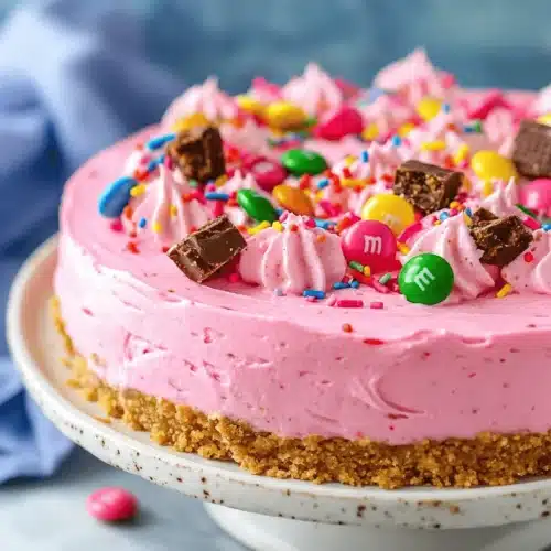 When it comes to desserts that leave a lasting impression, the Pink Paradise No-Bake M&M Snickers Cheesecake stands out as a vibrant and indulgent treat. This delightful cheesecake combines the beloved flavors of classic Snickers bars and colorful M&M's, creating a rich, creamy, and visually stunning dessert. Perfect for celebrations, gatherings, or simply as a sweet escape at home, this no-bake cheesecake is sure to please dessert lovers of all ages.