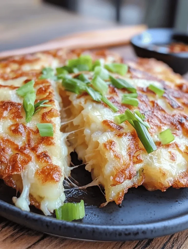 Discover the delightful world of crispy cheesy gamjajeon, a traditional Korean potato pancake that beautifully merges the flavors of tender potatoes and melted mozzarella cheese. This dish is not only a treat for the taste buds but also a versatile option for any meal of the day. Whether served as a savory breakfast, a hearty snack, or a delightful side dish during dinner, gamjajeon is bound to impress. The crispy exterior, combined with the gooeyness of cheese, creates a satisfying texture that will keep you coming back for more.