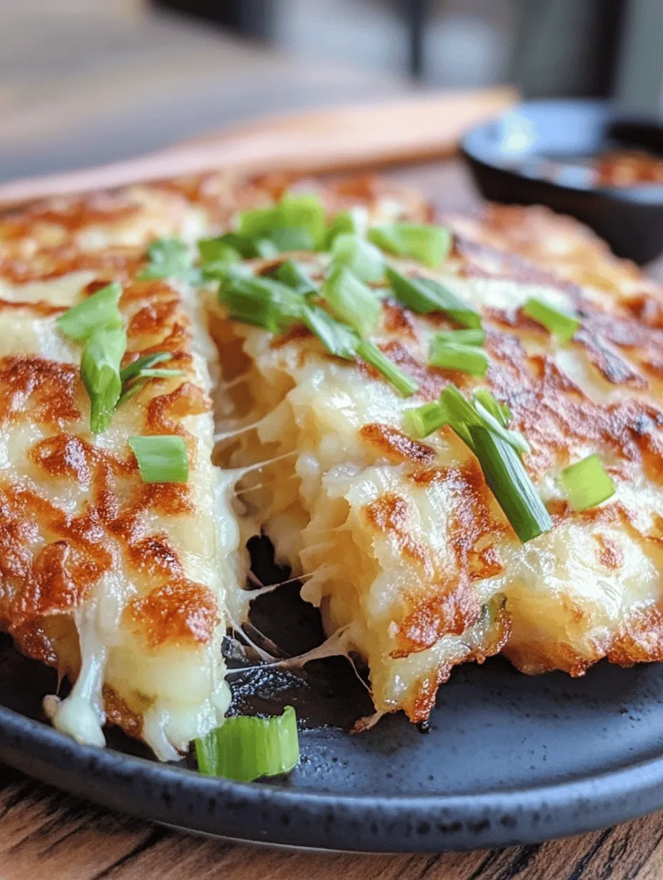 Discover the delightful world of crispy cheesy gamjajeon, a traditional Korean potato pancake that beautifully merges the flavors of tender potatoes and melted mozzarella cheese. This dish is not only a treat for the taste buds but also a versatile option for any meal of the day. Whether served as a savory breakfast, a hearty snack, or a delightful side dish during dinner, gamjajeon is bound to impress. The crispy exterior, combined with the gooeyness of cheese, creates a satisfying texture that will keep you coming back for more.